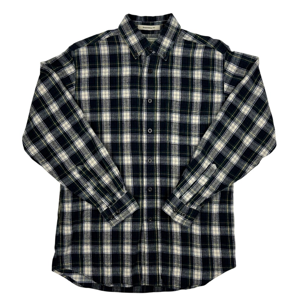 LL Bean Mens Traditional Fit Flannel Shirt Navy Blue White Plaid S-REG 228061